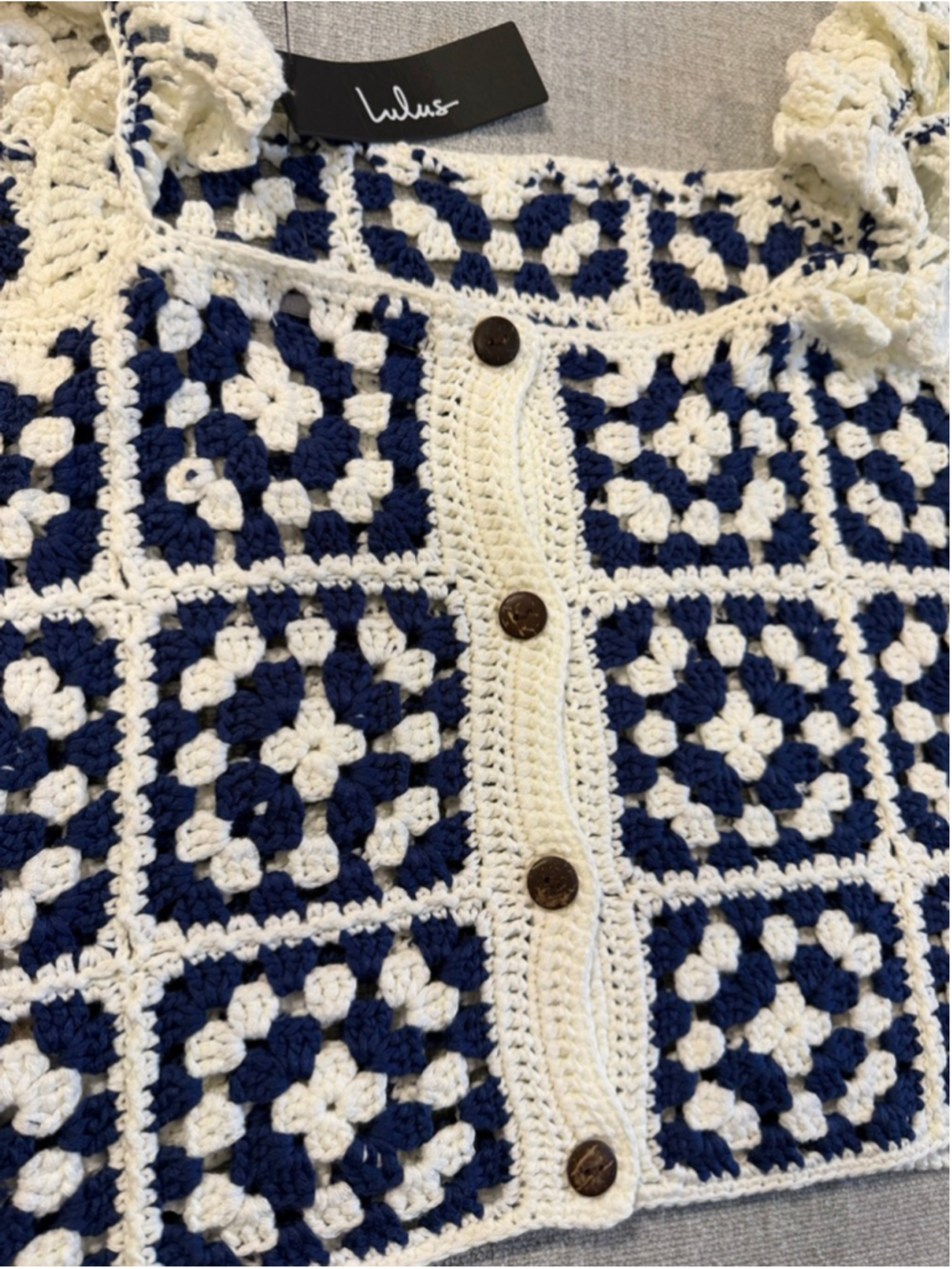 Lulus Oh-So Sunny Ivory and Blue Ruffled Crochet Sleeveless Top medium - Picture 9 of 9